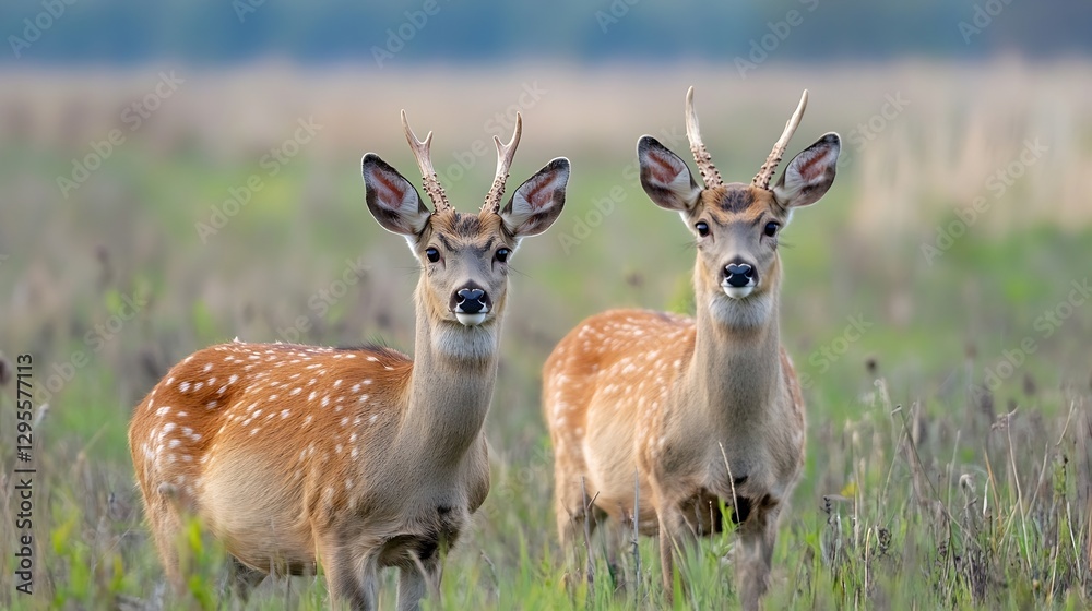 Poster two curious spotted deer standing together in a field full of grass : generative ai