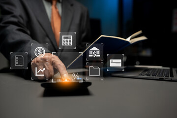 Business man take notes and use the calculator with calculations about the expenses at the office.