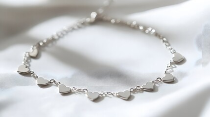 A delicate sterling silver bracelet with small heart-shaped charms, placed on a white background