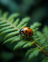 Obraz premium Detailed Macro Shot of Ladybug on Fern Leaf in Natural Setting