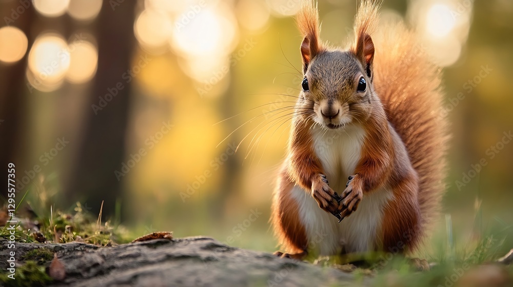 Poster Curious Squirrel Standing on Ground with Bright Bokeh Background in Nature : Generative AI