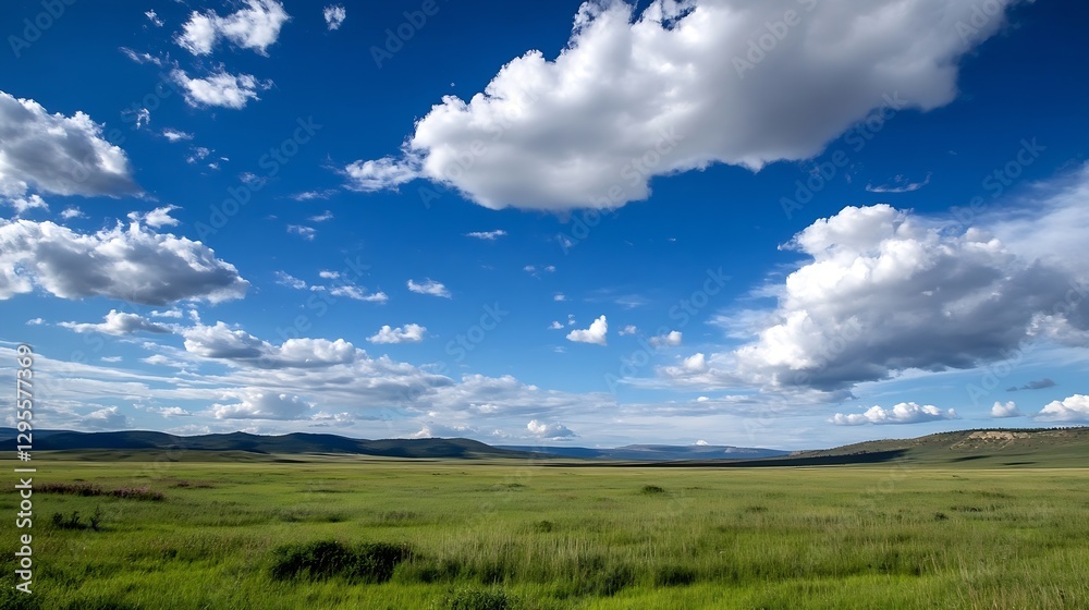Poster expansive view of a lush green field under a bright blue sky dotted with fluffy white clouds : gener
