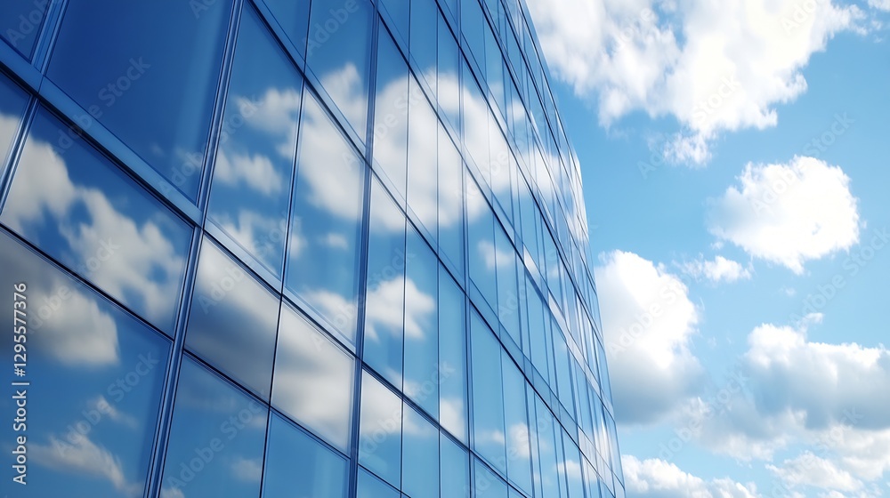 Poster Reflection of clouds on a modern glass building highlighting innovative architecture : Generative AI