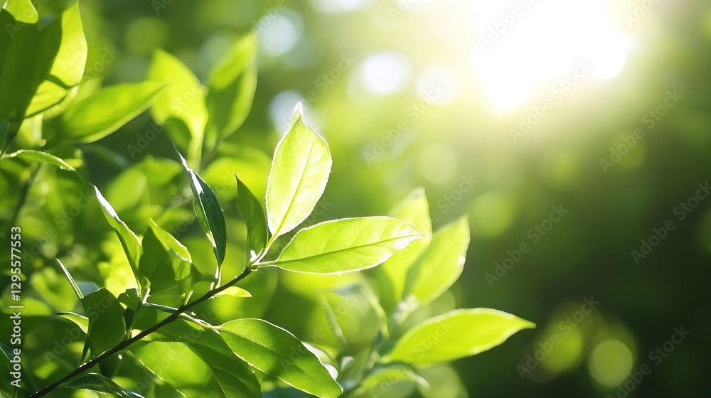 Poster Vibrant green leaves illuminated by sunlight creating a beautiful bokeh effect in a serene outdoor environment : Generative AI
