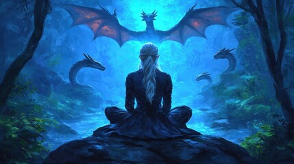 Obraz premium Mystical Scene with Woman Surrounded by Dragons in Enchanted Forest
