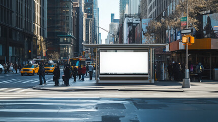 Large horizontal blank advertising poster billboard banner mockup in front of building in urban city digital light box display screen