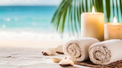Obraz na płótnie Canvas Spa relaxation with white towels candles and seashells on sandy beach by the ocean : Generative AI