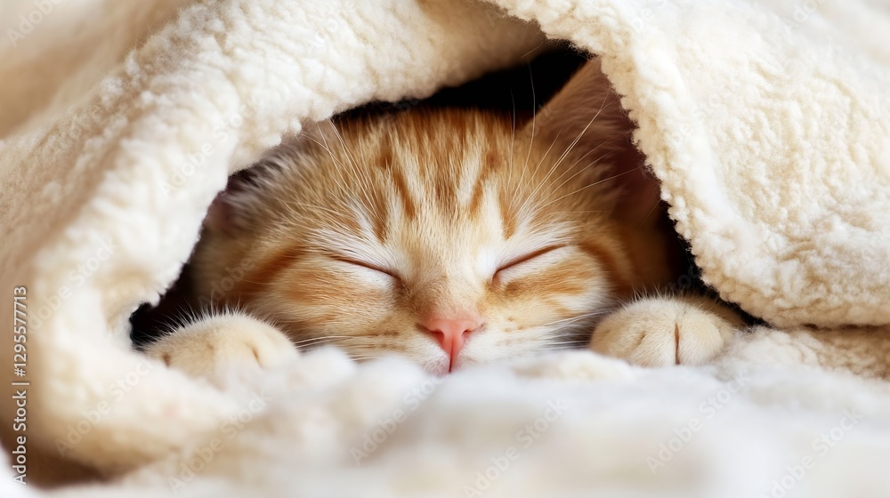 Poster sleeping orange kitten snuggled in a warm blanket creating a cozy and heartwarming scene at home : g