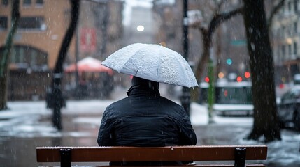 Urban Scene of a Person Sitting Alone on a Bench Under an Umbrella as Snow Falls in a Bustling City : Generative AI