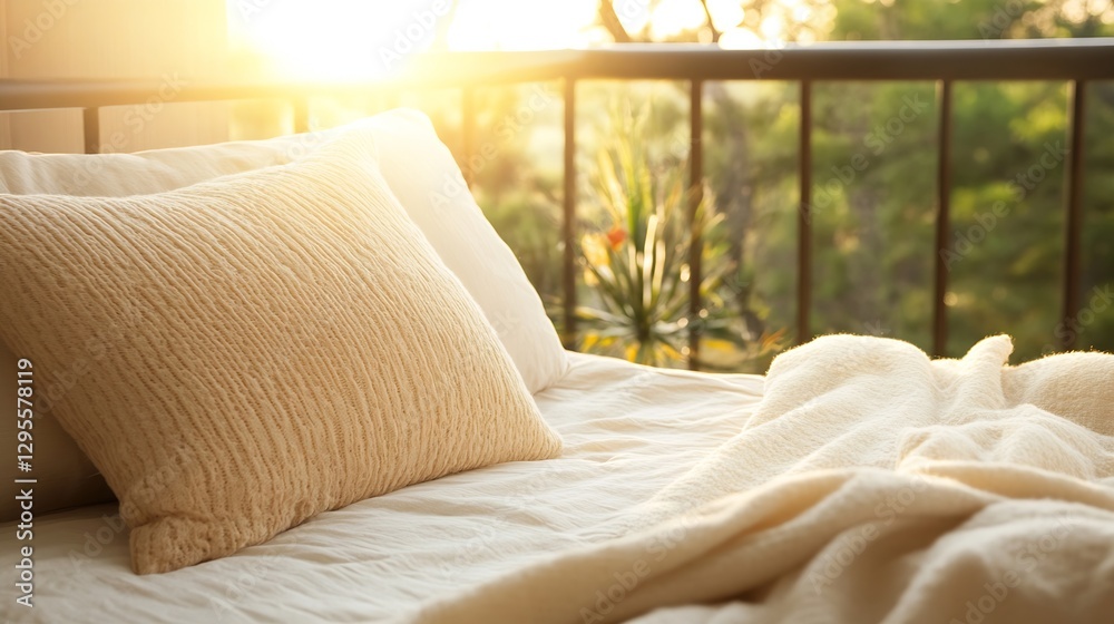 Aufkleber Cozy Balcony View with Soft Textures and Warm Light in a Relaxing Environment : Generative AI
