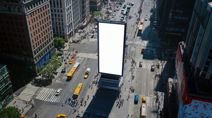 Large vertical blank advertising poster billboard banner mockup in front of building in urban city digital light box display screen, above view