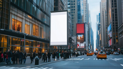 Obraz premium Large vertical blank advertising poster billboard banner mockup in front of building in urban city digital light box display screen