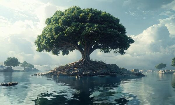 Metaphorical Tree of Knowledge   Lush Island Reflecting Brain Growth and Interconnected Fields