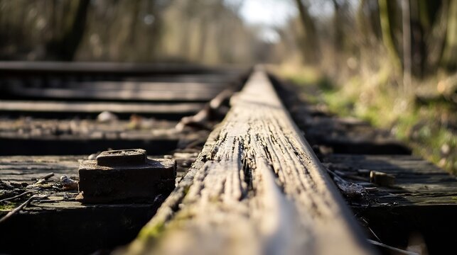 Closeup view of rustic wooden railway tracks overgrown with moss showcasing nature's reclaiming of manmade structures : Generative AI