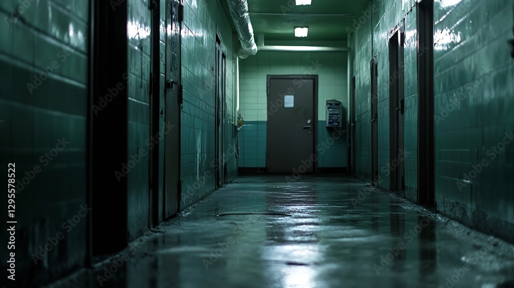 Poster spooky and eerie hallway in a dark abandoned building with wet floors and green walls : generative a