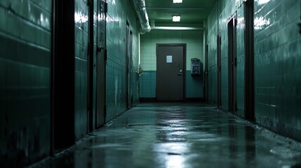 Obraz premium Spooky and Eerie Hallway in a Dark Abandoned Building with Wet Floors and Green Walls : Generative AI