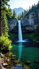 Forested area with a waterfall flowing into a calm lake, western US, Utah landscape