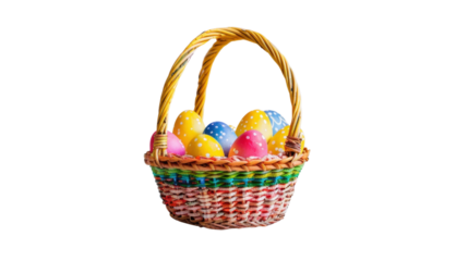 Wicker basket brimming with colorful easter eggs on transparent background