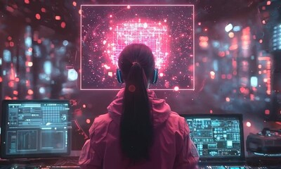 Futuristic Laboratory with Glowing Holographic Neural Network Display