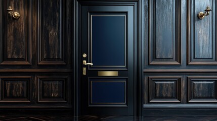 Elegant black door with brass inlay and navy handle against dark wood paneling