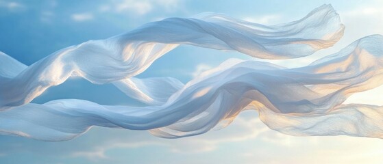 Ethereal fabric floating against a serene blue sky creating a sense of lightness and freedom with soft light and gentle curves for a peaceful mood