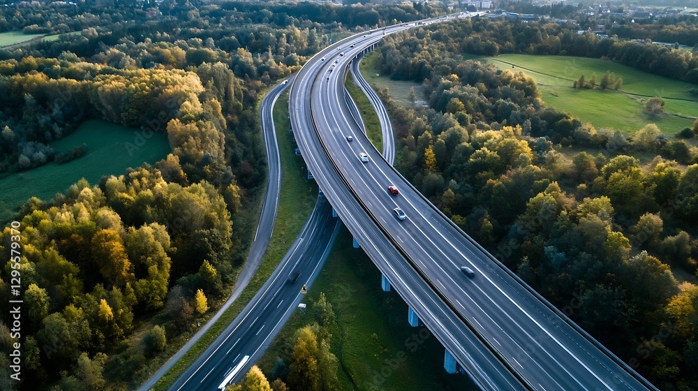 Poster aerial view of busy highway curving through lush green hills and forest : generative ai