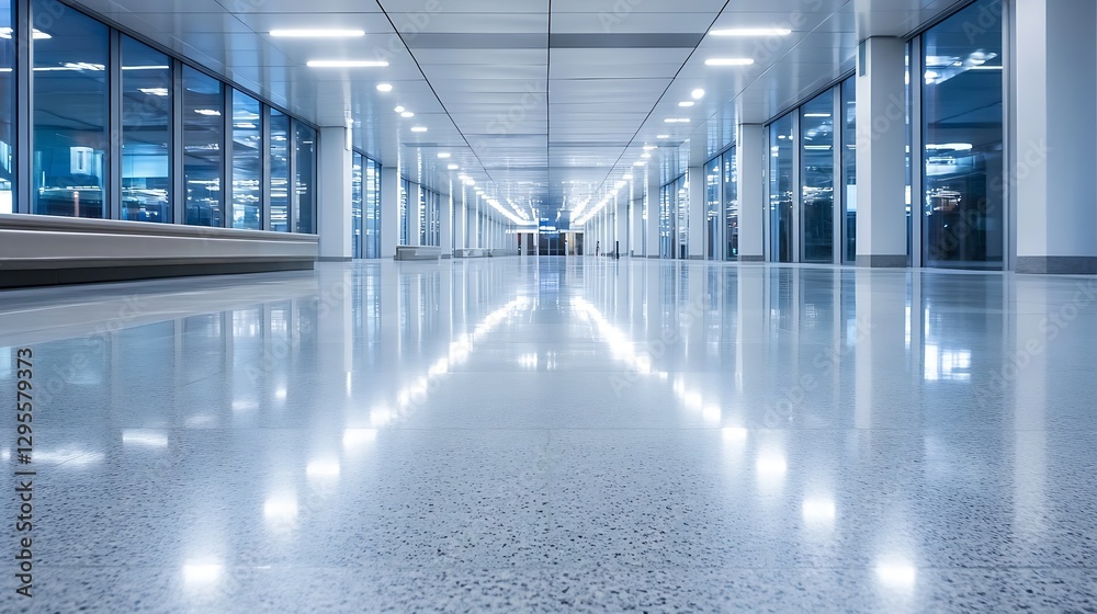 Poster brightly lit airport terminal with glossy polished floors creating a futuristic feel : generative ai