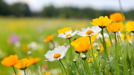 Obraz premium Beautiful closeup of colorful wildflowers blooming in a sunny meadow during springtime : Generative AI