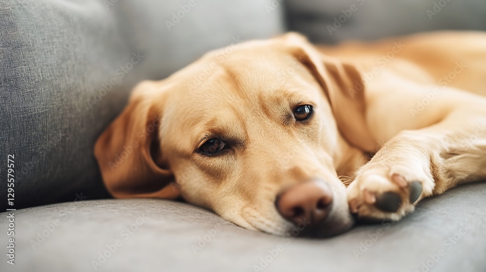 Poster calm sleepy dog lying on grey couch relaxing and looking at camera in comfortable living room : gene