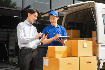 Concept of e-commerce, logistics, and fast courier service for secure package handling.
