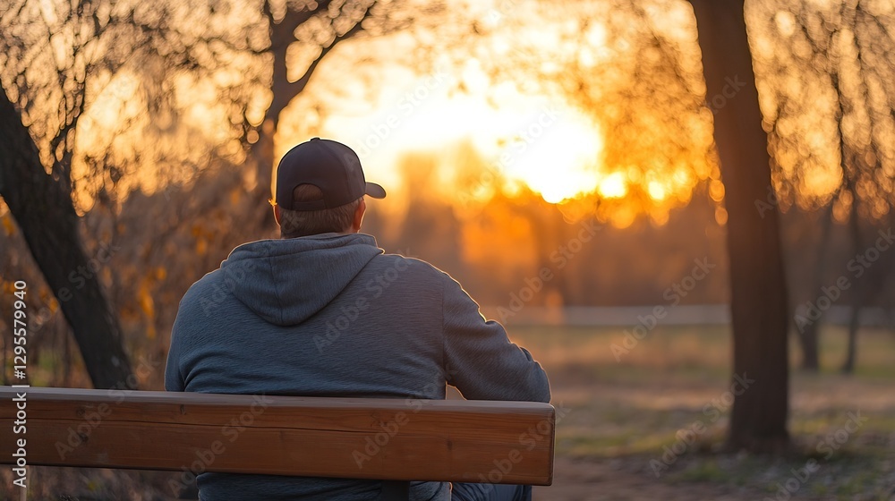 Poster lonely silhouette of a man contemplating the beautiful sunset while sitting on a park bench : genera