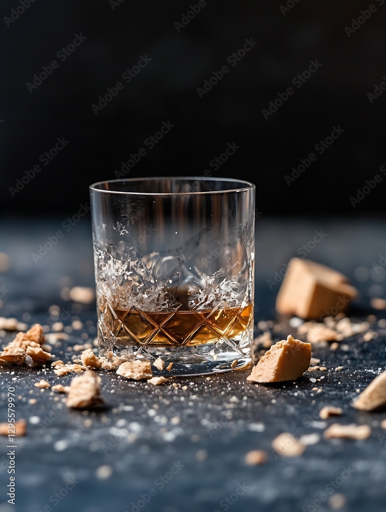 Poster elegant whiskey glass with ice showcasing rich amber color and crushed biscuits on a dark surface : 