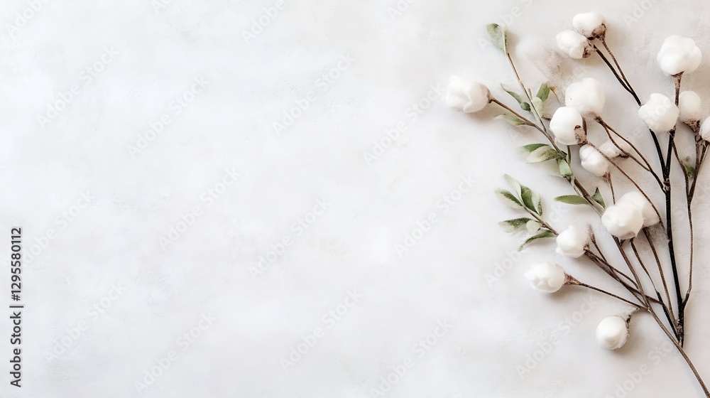 Aufkleber delicate cotton branches with fluffy white buds arranged on a soft textured background for a natural