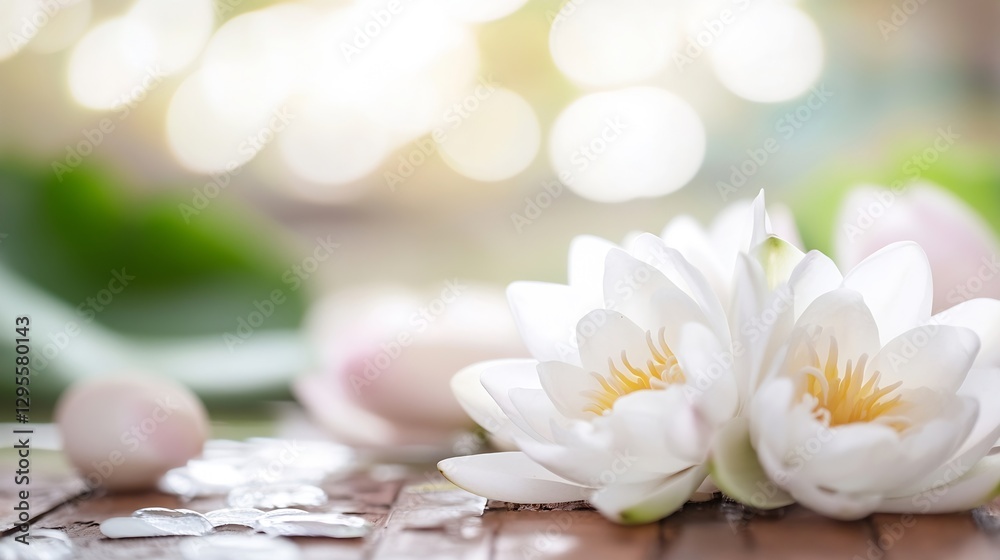 Poster elegant white lotus flowers on a natural surface surrounded by soft reflections : generative ai