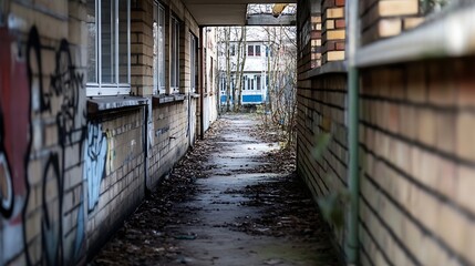 Exploring a Narrow Abandoned Pathway Surrounded by Brick Walls and Graffiti Art : Generative AI