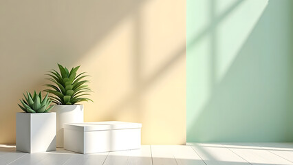 Minimalist White Podium with Tropical Greenery Shadows – Elegant Product Display Background.