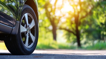 Car Wheel Close Up on a Road Surrounded by Green Trees and Sunlight : Generative AI