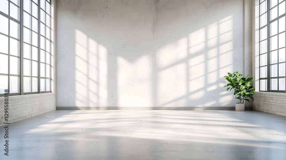 Poster sunlit room with large windows casting shadows featuring a vibrant green plant in a corner : generat