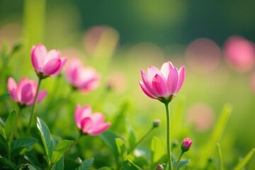 Obraz premium Gentle pink petals sway in the breeze among green grass, wildflowers, floral, garden