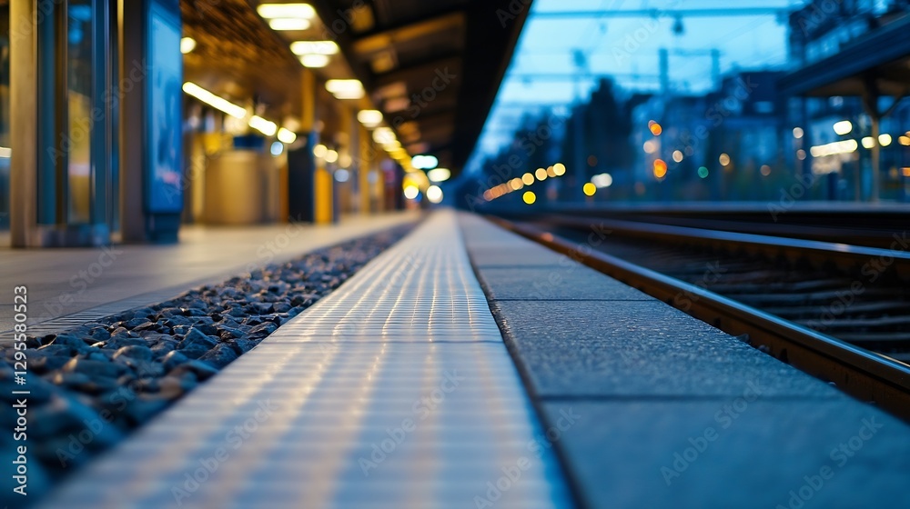 Poster a quiet train station platform at twilight with blurred lights and tracks for commuters and traveler