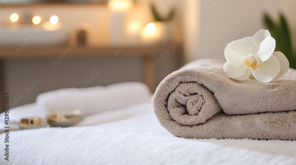 Poster Stylish Spa Setup with Rolled Towels and Orchid Flower for Relaxing Atmosphere : Generative AI