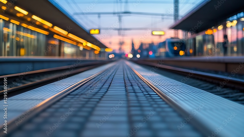 Poster urban train station at dawn with blurred lights and a focus on tracks leading into the distance : ge