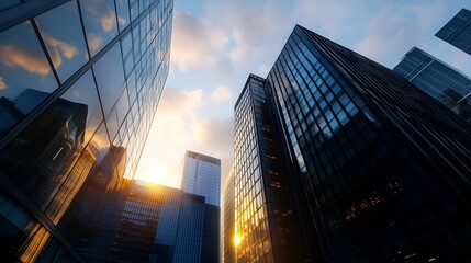 Sunset Reflection on Modern Skyscrapers with Glass Facades : Generative AI