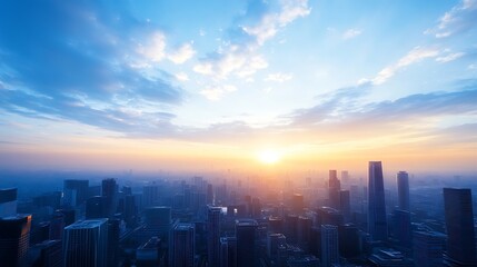 Fototapeta premium Stunning skyline at sunset with warm colors illuminating the city : Generative AI