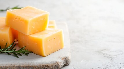 Naklejka premium Blocks of homemade soap with rosemary arranged on a blurred kitchen countertop in natural light : Generative AI