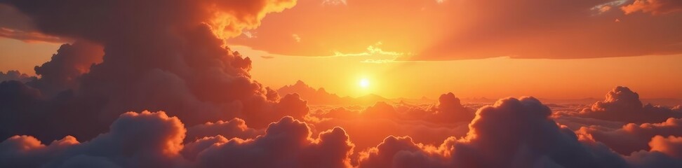 Golden hues of sunset illuminate the clouds in a vast landscape, twilight, sunset, warm