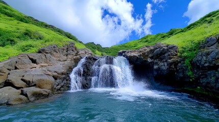 Scenic waterfall in lush green landscape under clear blue sky
