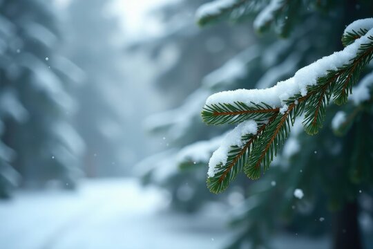 Gentle snowfall wraps pine branches in quiet elegance, pine, snow, winter - Powered by Adobe