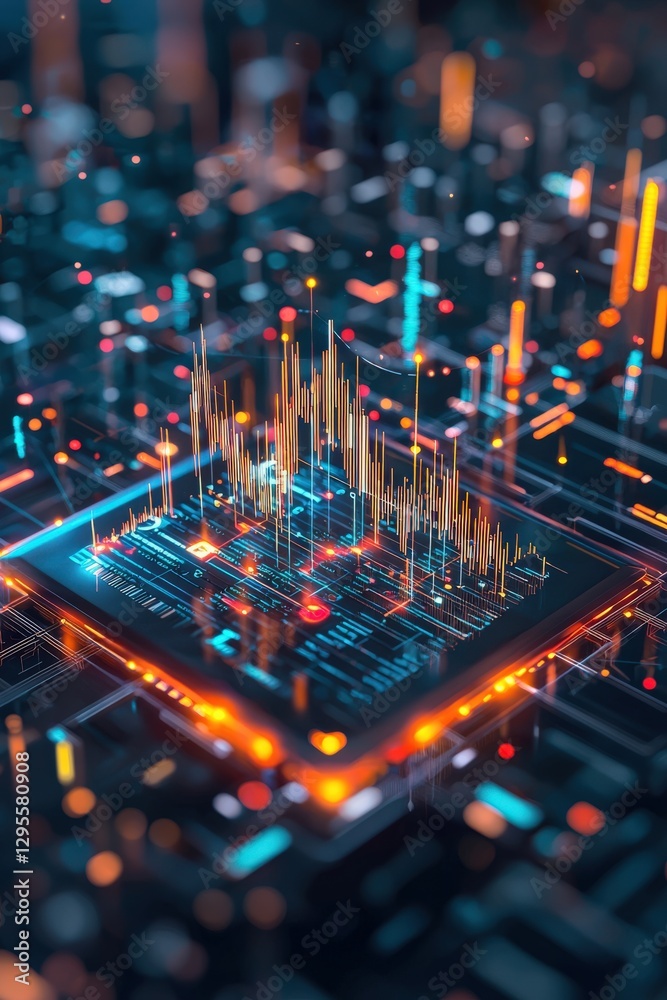 Poster futuristic digital data visualization concept featuring glowing graphs and intricate circuits. ideal
