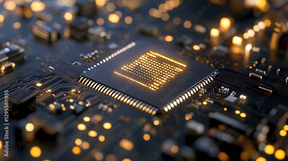 Poster Close up view of a modern microprocessor on a circuit board with glowing lights : Generative AI